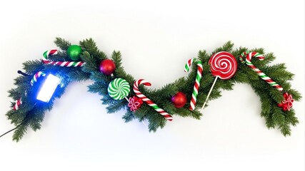 Festive Christmas Garland with Ornaments and Candy Canes.