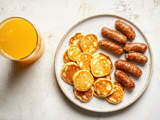 Pancakes, Sausages and Orange Juice for a Hearty Breakfast