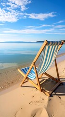 A beach scene, a striped beach chair sits alone on the sand, facing calm water under a blue sky with clouds