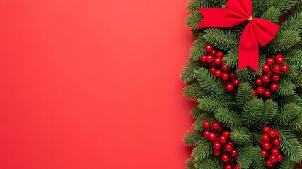 Festive Christmas Garland with Red Bow and Berries on Red.