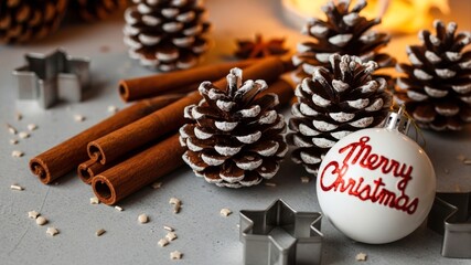 Festive Christmas Still Life with Pine Cones and Cinnamon.