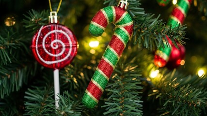 Festive Christmas Tree Decorations with Candy Cane and Lollipop.