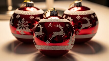 Festive Christmas Ornaments with Reindeer and Snowflake Designs.