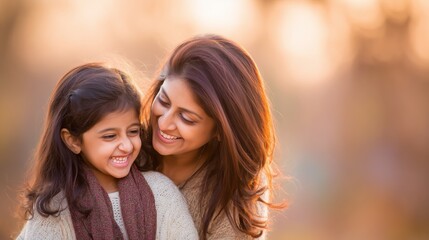 Happy Indian Mother and Daughter Smiling Together Outdoors