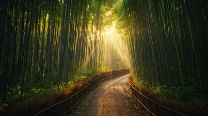 Obraz premium Sunlit Bamboo Forest Path