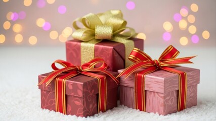 Festive Gift Boxes with Ribbon Bows and Bokeh Lights.