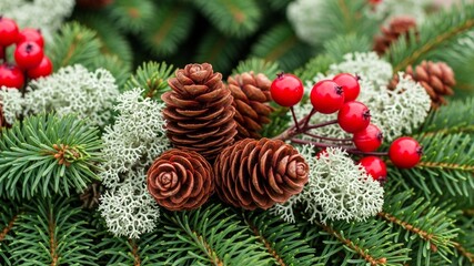 Festive Christmas Wreath with Pine Cones and Red Berries.