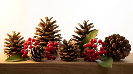 Festive Pine Cones and Red Berries on Wooden Surface.