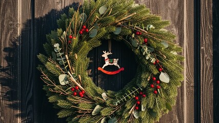 Festive Christmas Wreath with Wooden Reindeer Ornament on Door.