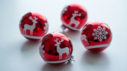 Festive Red Christmas Ornaments with Reindeer and Snowflake Designs.
