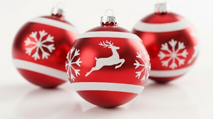 Festive Red Christmas Ornaments with White Designs on White Background.