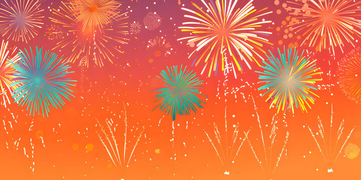 Colorful fireworks explode in a vibrant orange and purple sky.