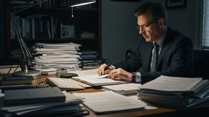 Focused Lawyer Reviewing Documents Late at Night in Office.