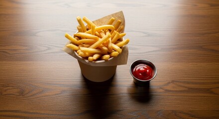 French Fries with Ketchup on Wooden Table.