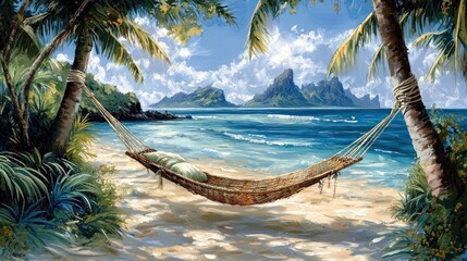 Serene tropical beach with hammock between palm trees, island backdrop.