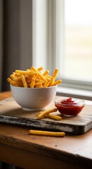 French Fries with Ketchup on Wooden Board by Window.
