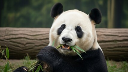 Giant panda enjoying a meal of bamboo shoots in its habitat.