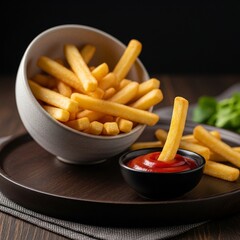 Golden French Fries with Ketchup on a Dark Plate.