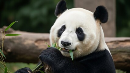 Giant panda enjoying a meal of bamboo leaves in nature.