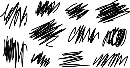 Collection of hand drawn black scribbles and messy lines on a white background