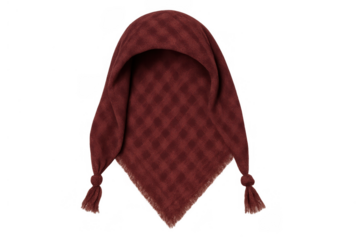 Warm plaid hood scarf in red tones with fringed edges and tassels for winter fashion on transparent background