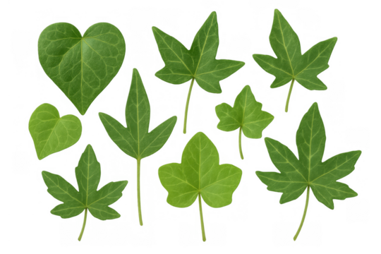 Green ivy leaf collection showing various shapes and forms on transparent background, climbing plant botany element