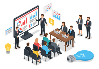 Isometric illustration showcasing a corporate team collaborating on data analysis and strategic planning during a modern business presentation with charts and ideation elements