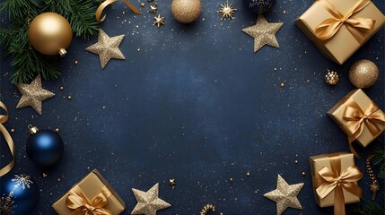 Elegant Christmas flat lay with blue background, golden ornaments, stars, baubles, and wrapped gifts, luxurious holiday decoration perfect for seasonal designs