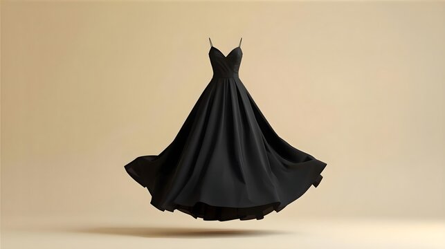 Elegant floating black dress suspended in midair on neutral background, fashion concept showcasing minimal style, luxury fabric flow, and modern apparel design
 - Powered by Adobe