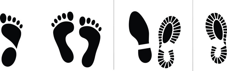 Footprint and shoe print silhouettes showing human feet, walking steps, barefoot marks, boot soles, and tracking symbols designed for path illustration, direction indicators, and trail graphics.