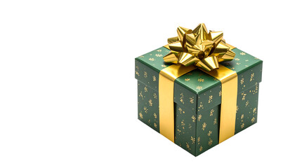 Obraz premium Green gift box with gold ribbon and bow, decorated with gold shapes, isolated on white background