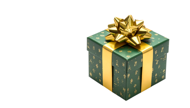 Green gift box with gold ribbon and bow, decorated with gold shapes, isolated on white background