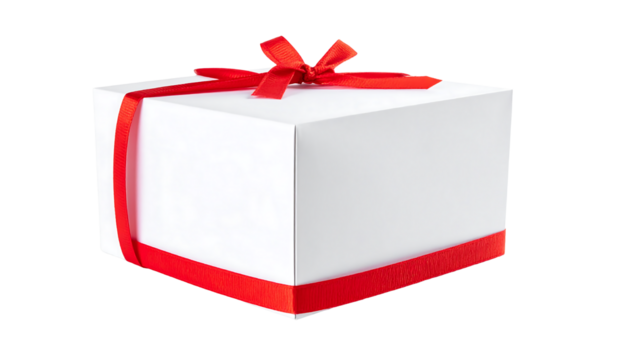 White gift box with red ribbon wrapped around and tied in a bow on top, isolated on white background png cutout