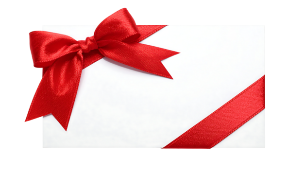 Red satin ribbon bow and diagonal ribbon corner accent on a white card or envelope on clean white background