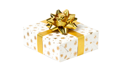 Gift wrapped in white paper with gold snowflakes, gold ribbon, and gold bow on top, isolated cutout