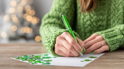 Saint Patrick's Day Person writing with a green pen on paper, cozy atmosphere with bokeh lights.