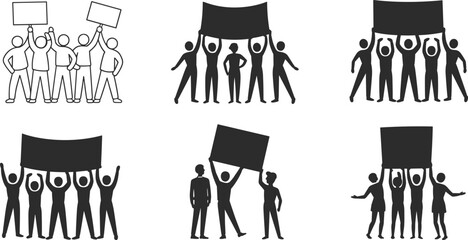 Protest Silhouettes with Banners and Signs – Demonstration, Unity, Activism, Public Voice, Social Movement, Collective Action, Civic Engagement, Crowd Expression Icons