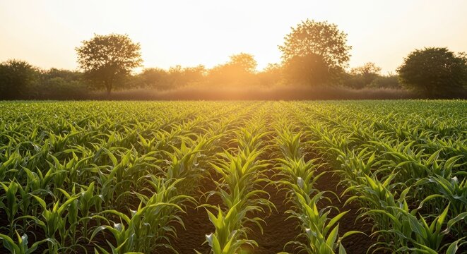 A cornfield under the warm glow of a beautiful sunset