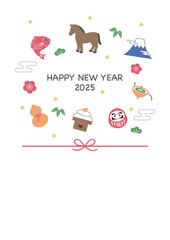 2026年 年賀状テンプレート・午年の縁起物イラスト　鯛・瓢箪・馬・だるま・鏡餅・富士山・こま・水引・紙吹雪