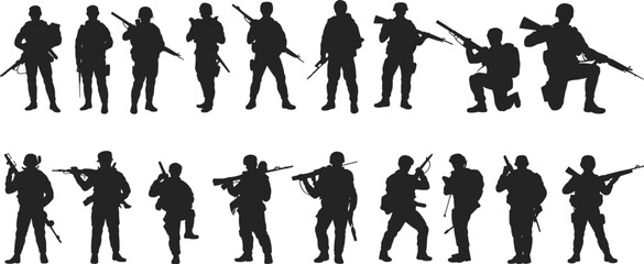 Silhouettes of Armed Soldiers in Combat Poses – Military Action, Tactical Readiness, Defense Forces, War Zone Illustration, Army Unity, Strategic Warfare Concept