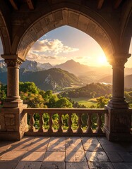 Stone archway frames a beautiful mountain landscape. Sunlight bathes the scene, illuminating trees, valleys, and distant peaks. A peaceful vista