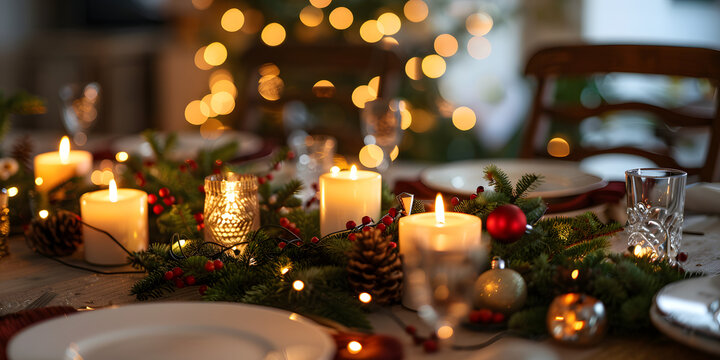 Illuminated holiday table setting with candles and festive decor.