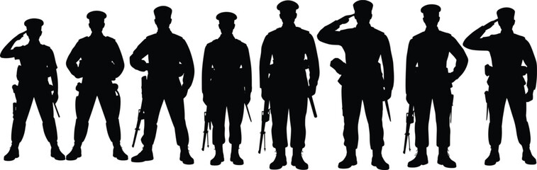 Silhouettes of Soldiers Saluting in Uniform with Rifles – Military Discipline, Respect, Brotherhood, Army Unity, Patriotism, Armed Forces Tribute, War Memorial Concept