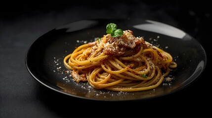 Italian spaghetti pasta on dark moody background, gourmet dish with herbs and sauce, fine dining food photography for restaurant, culinary, and menu design