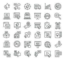 Set of collection line icons related Adsense, Marketing. Editable stroke. Perfect pixel on transparent background