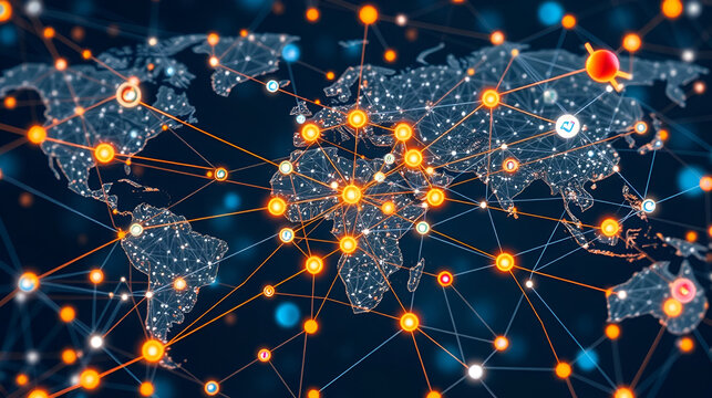 A complex web of global business, where intricate networks of customers, HR, and outsourcing partners converge to facilitate seamless data exchange and strategic decision-making, powered by the