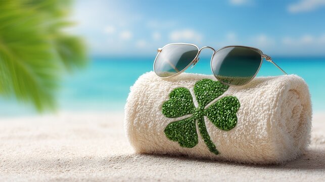Saint Patrick's Day Beach towel with sunglasses by the ocean on a sunny day.