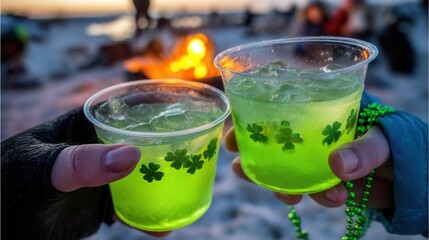 Saint Patrick's Day Cheers with festive green drinks at a beach bonfire gathering.