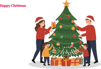Happy Christmas family decorating tree, festive holiday celebration, joyful kids with gifts, Santa hats, ornaments, winter tradition, seasonal illustration, togetherness