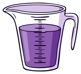 Cartoon illustration of a clear plastic measuring cup filled with a purple liquid, illustrating accurate quantity.